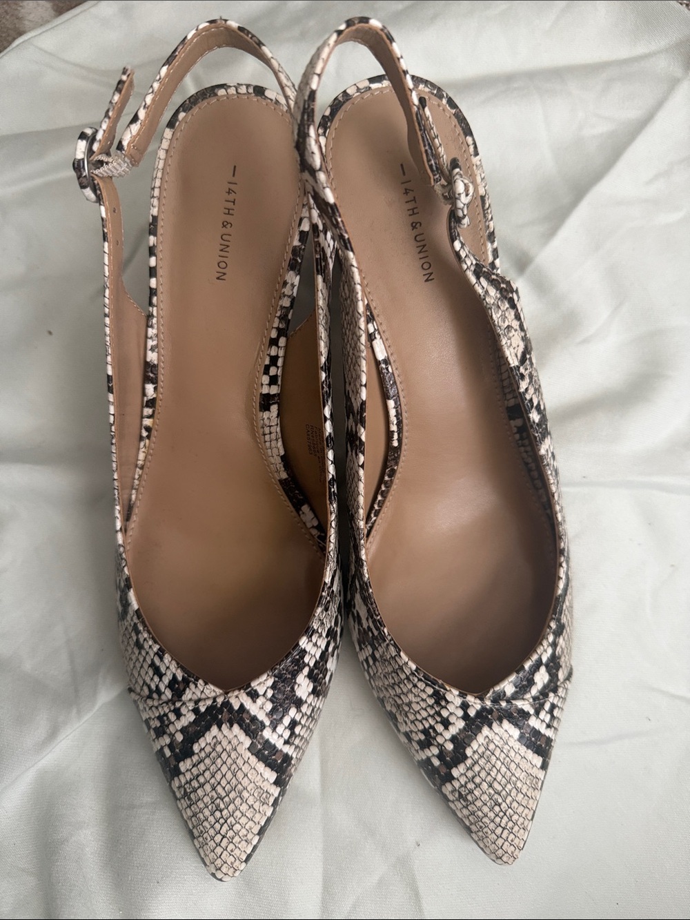 14th & Union Beige and Black Snake-Print Slingback Pointed Pumps